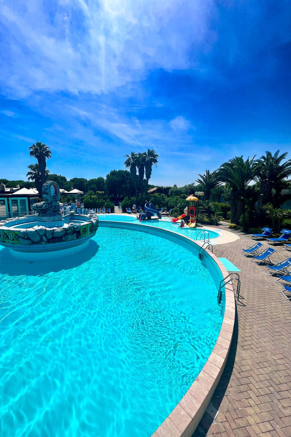 La piscina principale circondata da palme e giardini